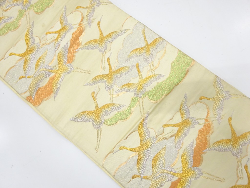 JAPANESE KIMONO / ANTIQUE FUKURO OBI / SILK / WOVEN CLOUD & CRANES